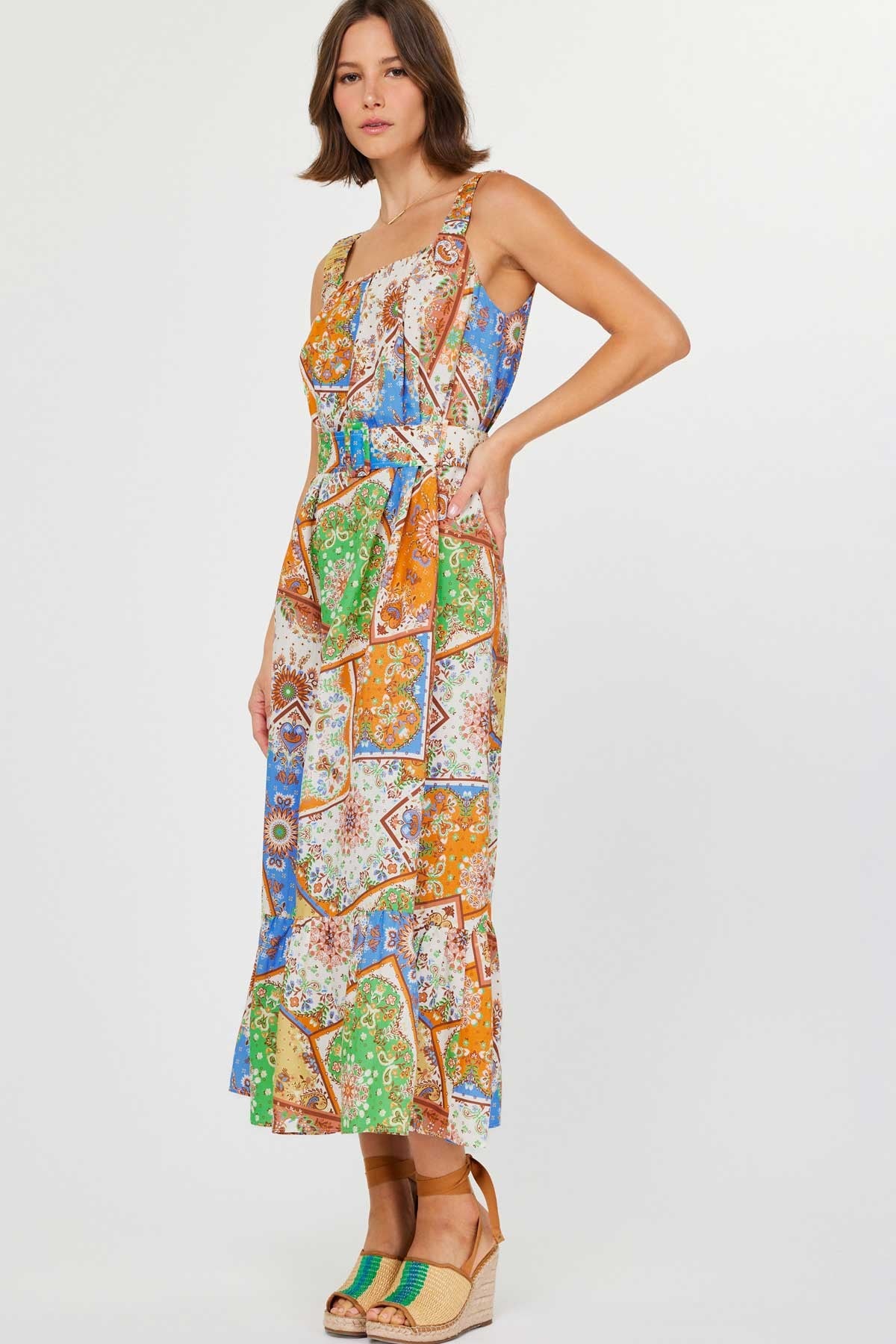 Graysen Square Neck Long Dress With Belt and Elasticized Shoulder Strap