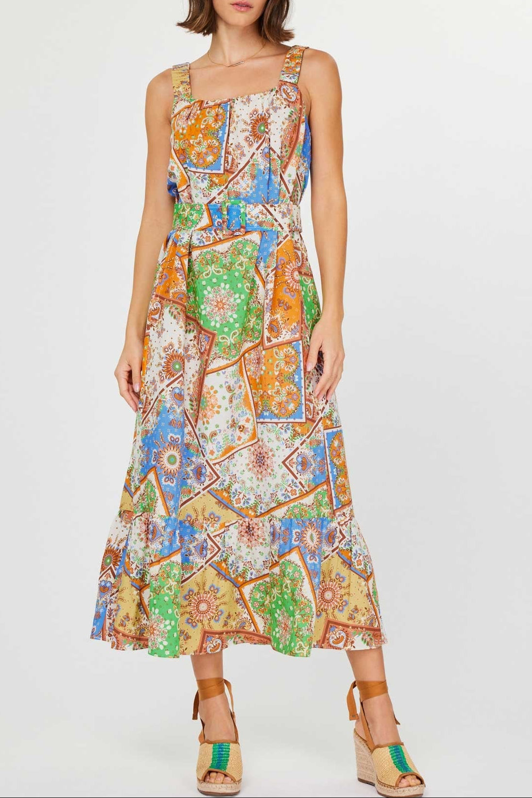 Graysen Square Neck Long Dress With Belt and Elasticized Shoulder Strap