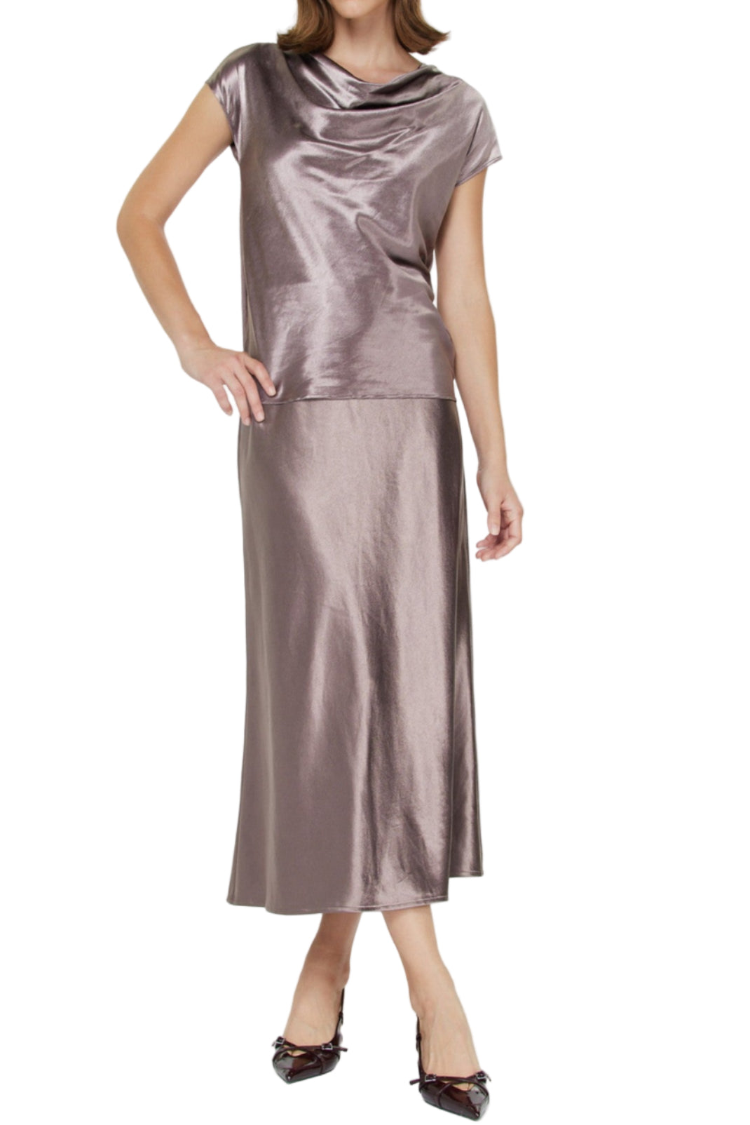 Kerry Cowl Neck Woven Knit Combo Top and Silk Midi Skirt Set
