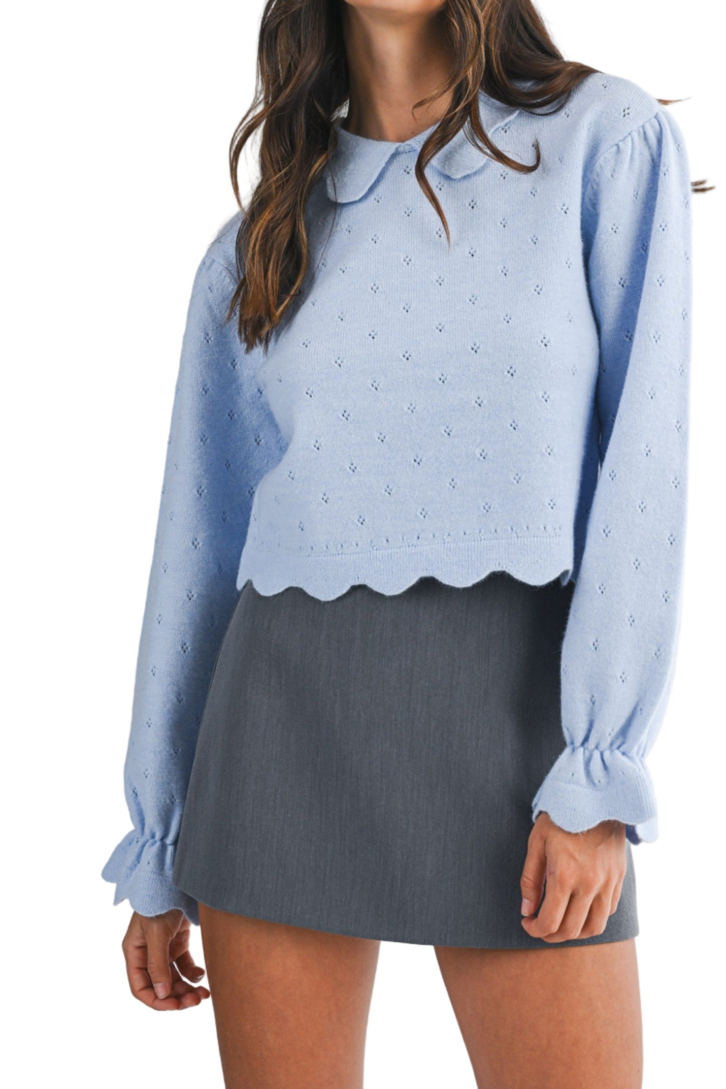 Knit Scallop Collar Hem Crop Pointelle Sweater Top