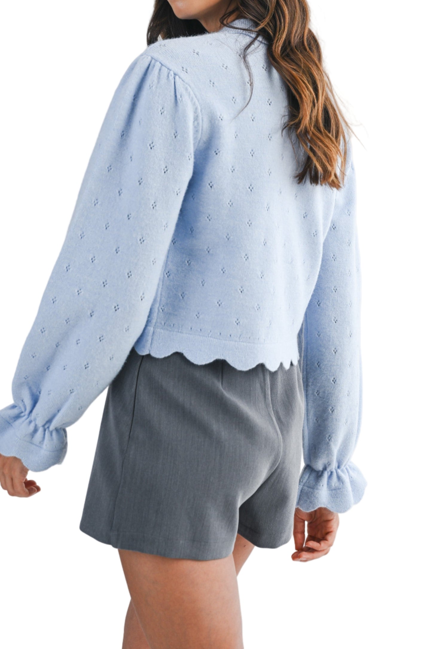Knit Scallop Collar Hem Crop Pointelle Sweater Top