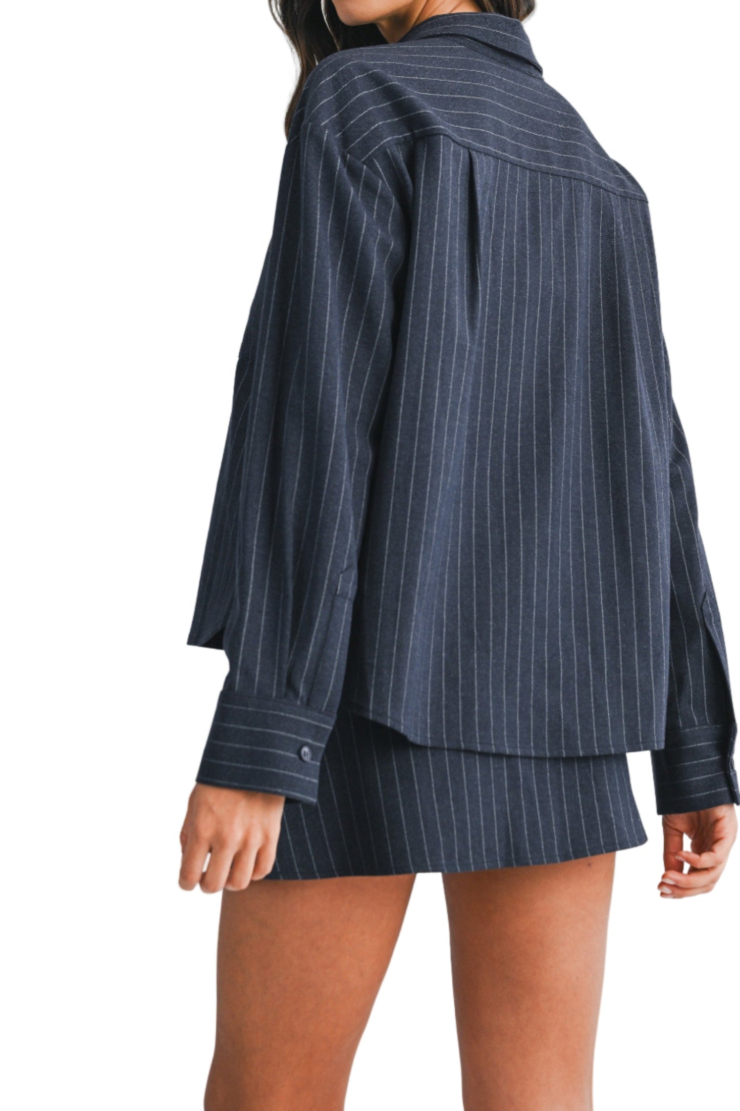 Laura Pin Stripe Button Up Shirt And Skirt Set