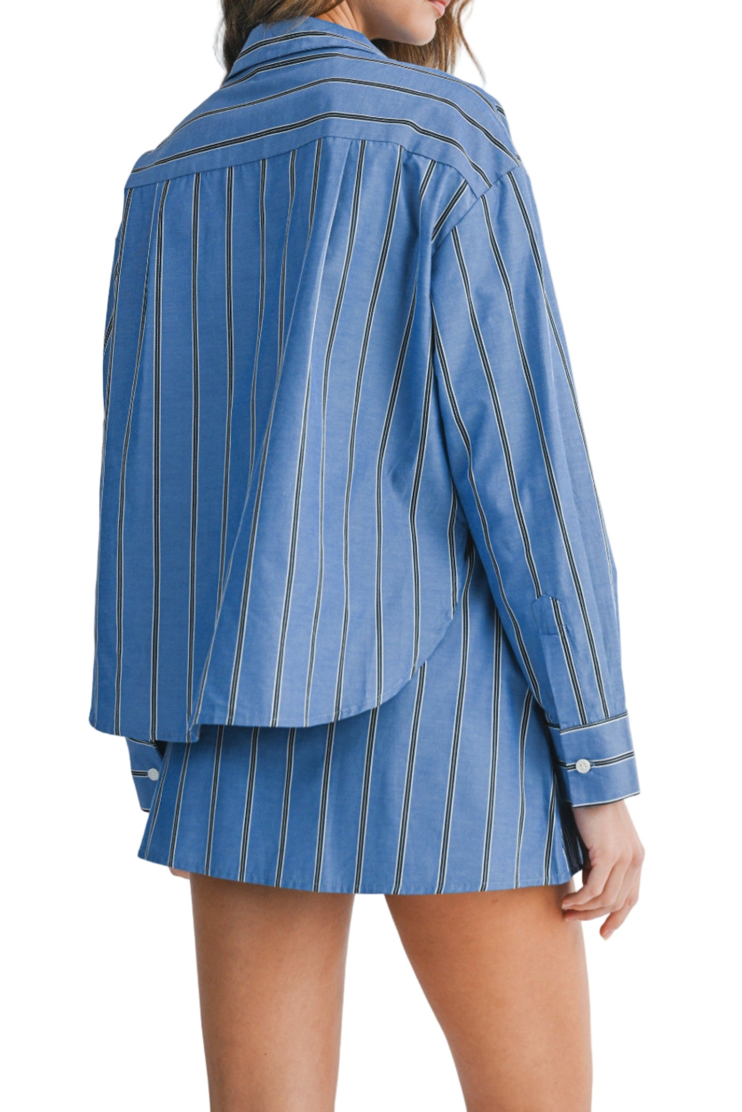 Jenna Striped Collar Button Down Shirt And Skort Set
