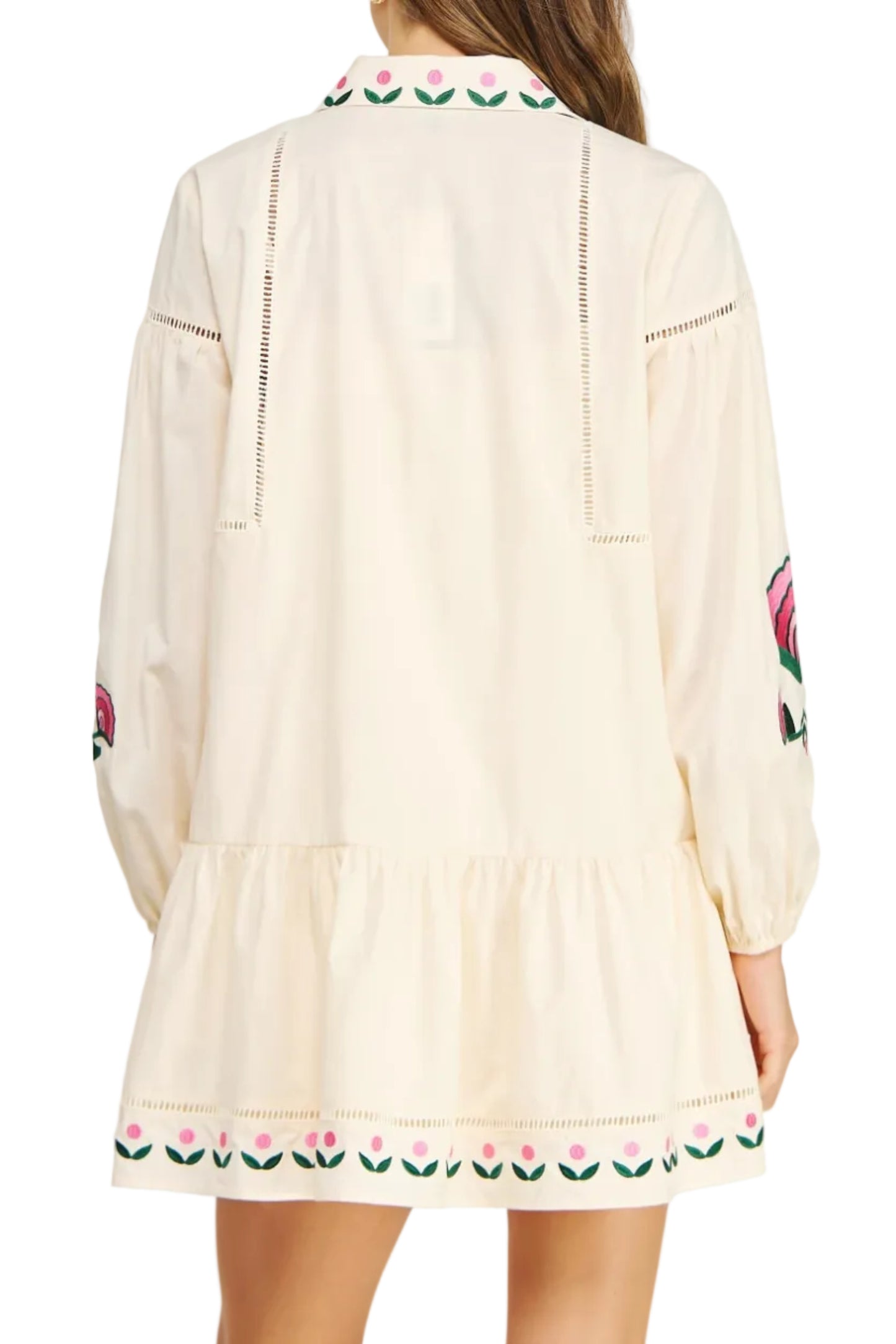 Lena Embroidered Pintuck Shirt Mini Dress