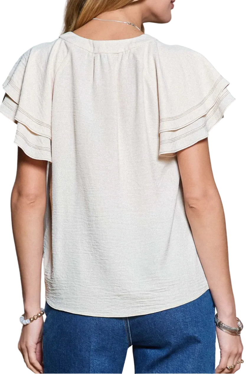 Olive Flutter Sleeve Button Up Top