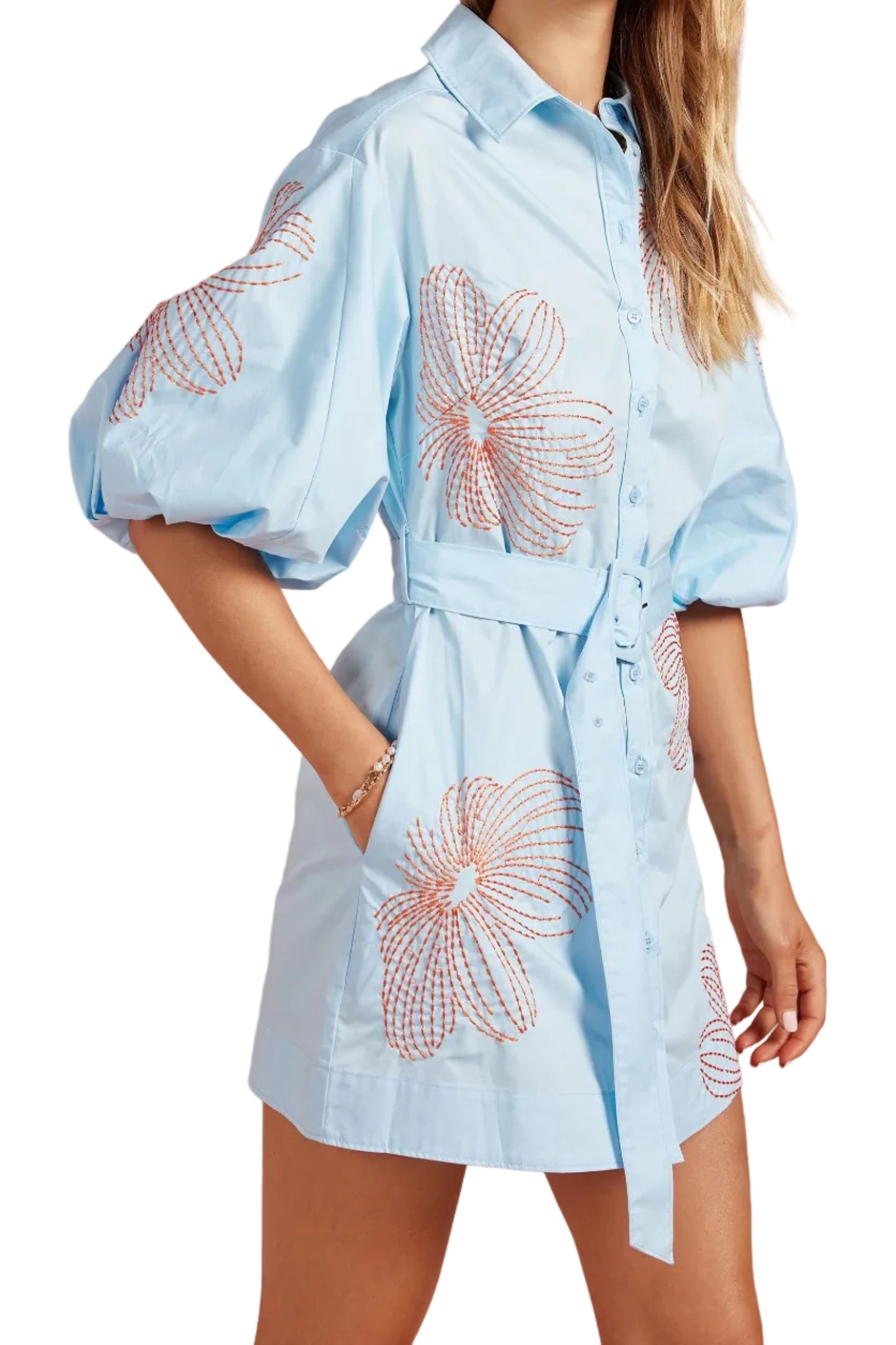 Daisy Embroidered Puff Sleeve Belted Mini Shirt Dress
