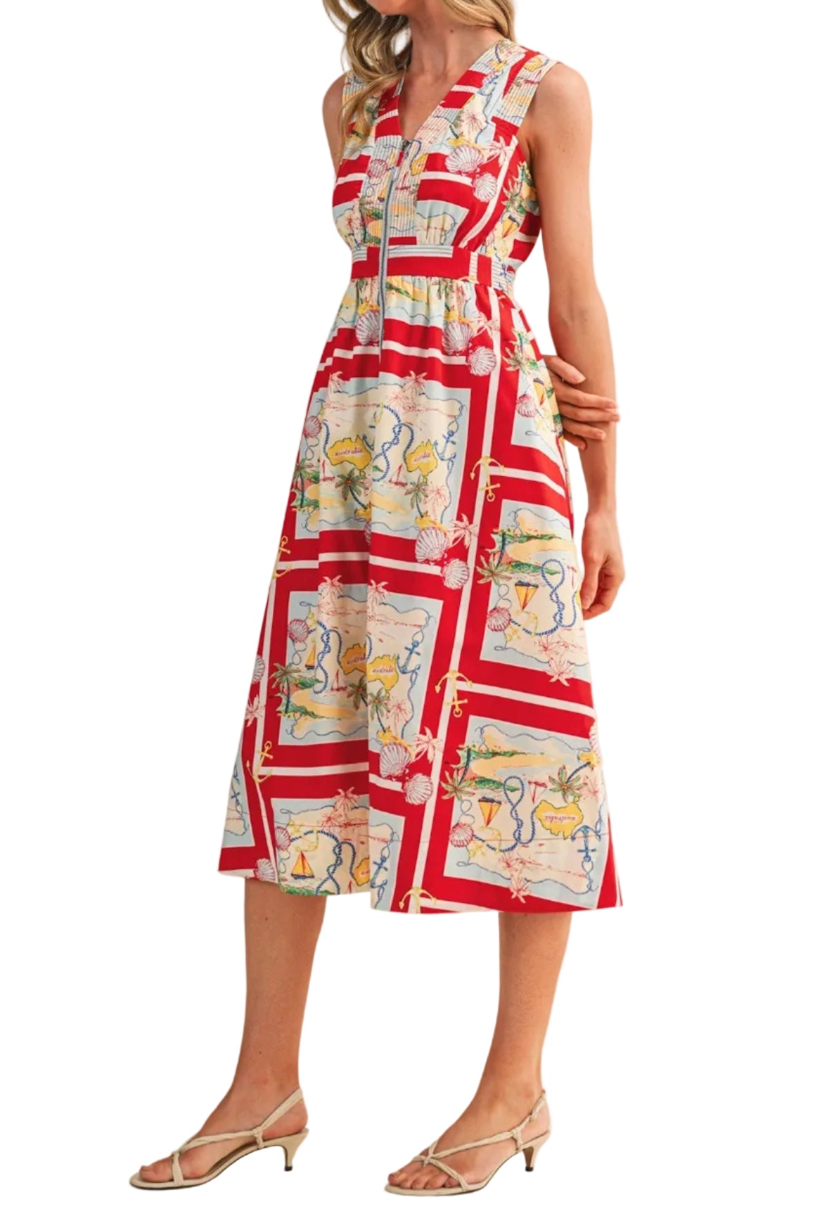 Sarah Print Front Zipper Midi Dress