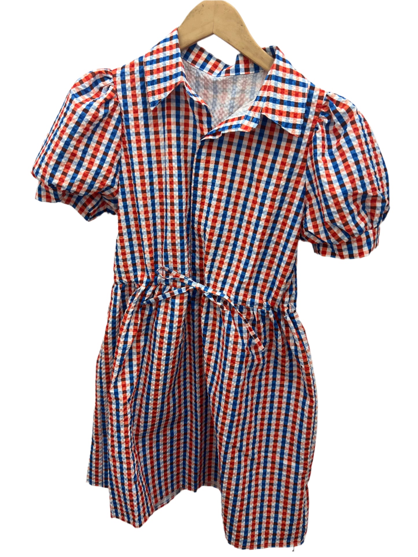 Jolie Bubble Sleeve Plaid Shirt Dress