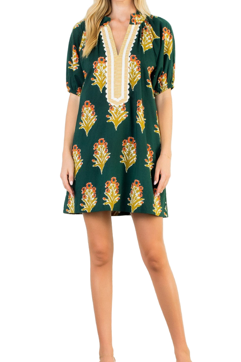 Isabella Floral Print V-Neck Striped Detail Mini Dress