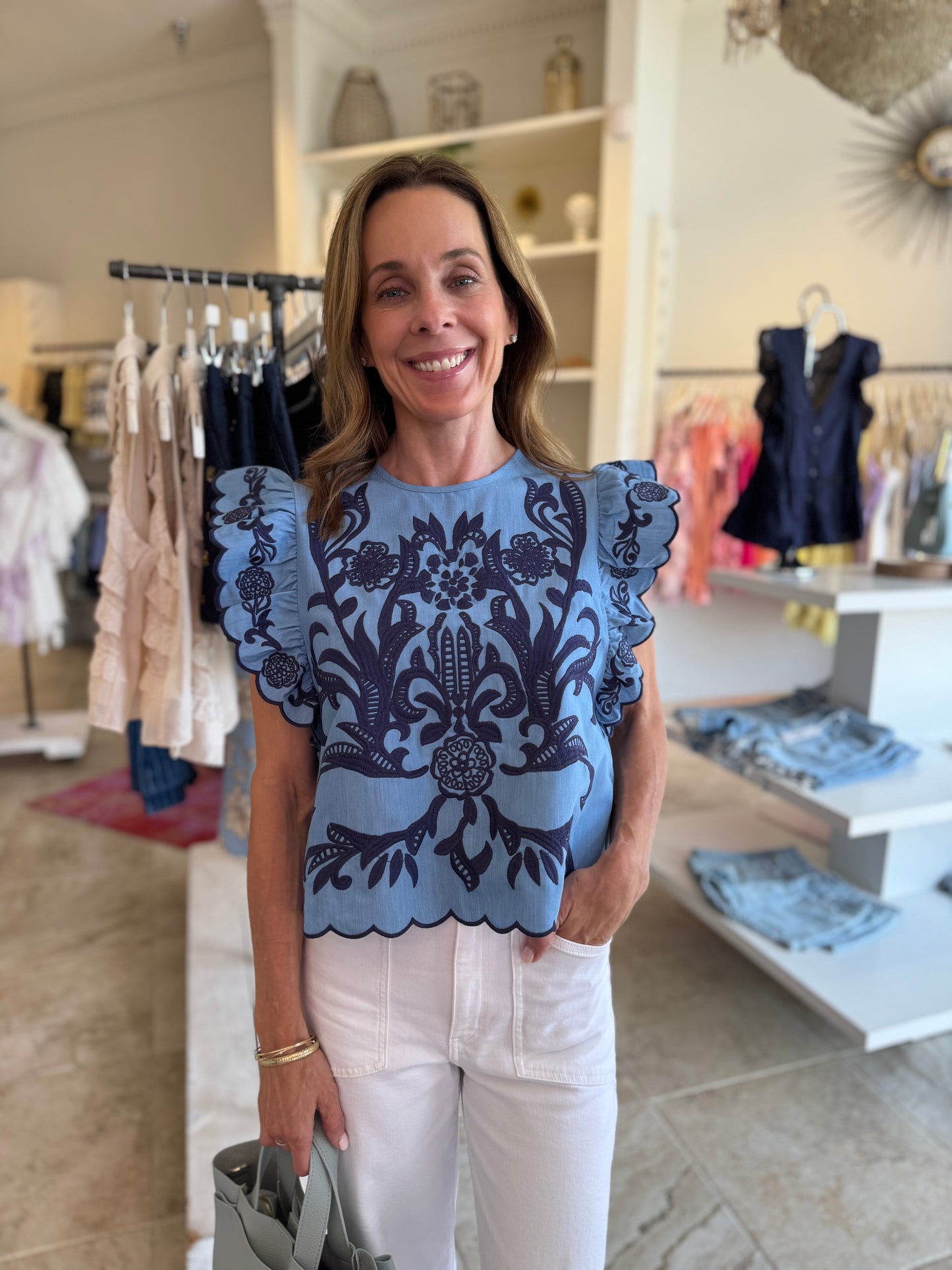 Marcie Ruffled Sleeve Embroidered Top