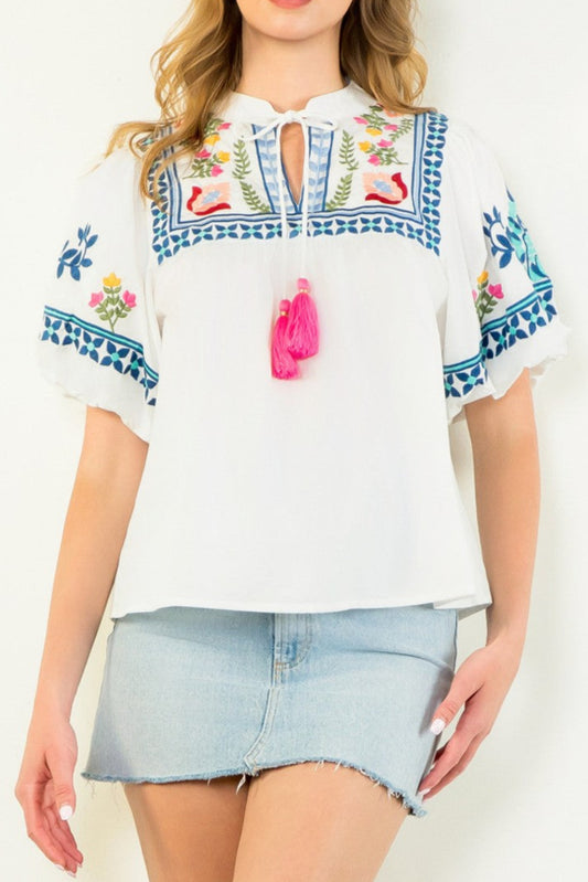 Winn Puff Sleeve Embroidered Top