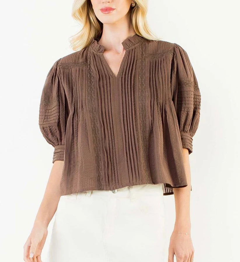 Eliza Puff Sleeve Peasant Top in Brown