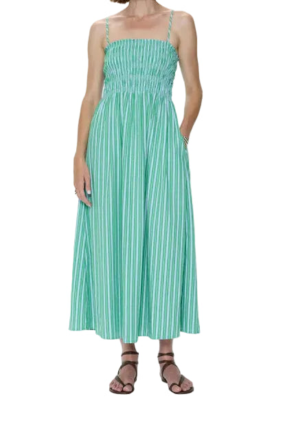 Pistola Bianca Shirred Bodice Dress in Green Blue Stripe