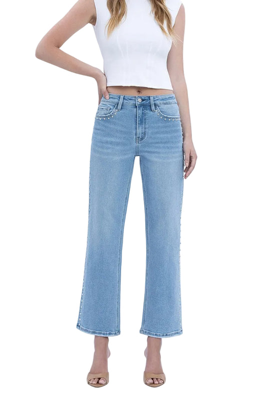 Vervet High Rise Ankle Studded Slim Wide Jeans