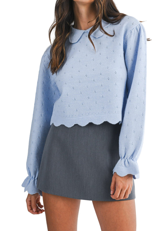 Knit Scallop Collar Hem Crop Pointelle Sweater Top