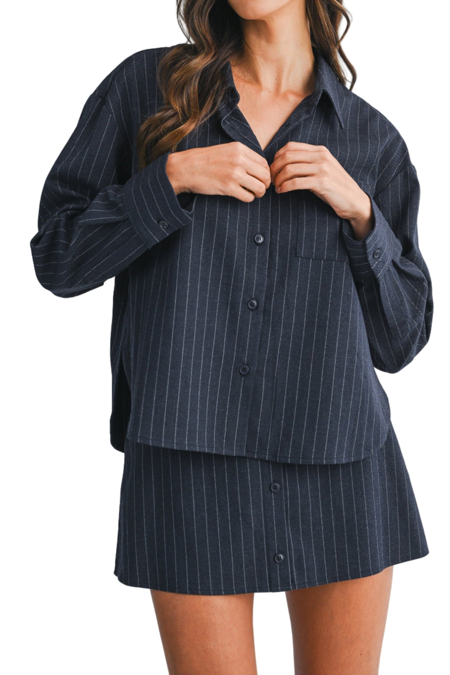 Laura Pin Stripe Button Up Shirt And Skirt Set