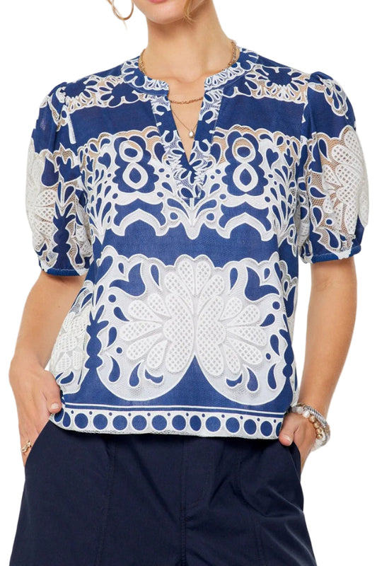 Emmie Embroidered Short Puff Sleeve Top