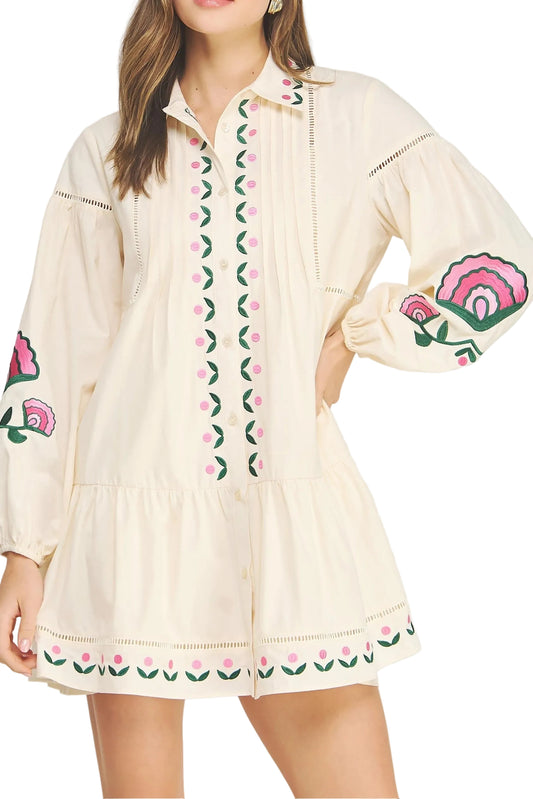 Lena Embroidered Pintuck Shirt Mini Dress
