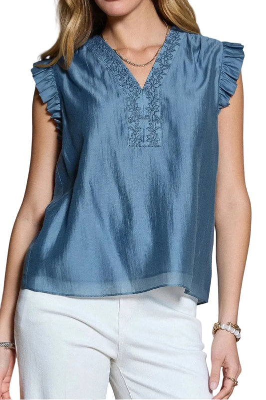 Gia Embroidered Ruffled Short Sleeve Top
