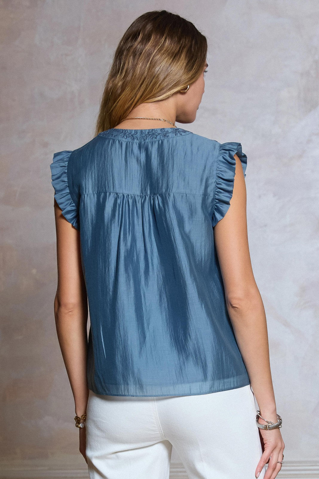 Gia Embroidered Ruffled Short Sleeve Top