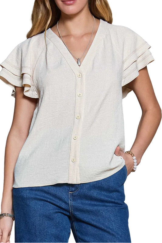 Olive Flutter Sleeve Button Up Top