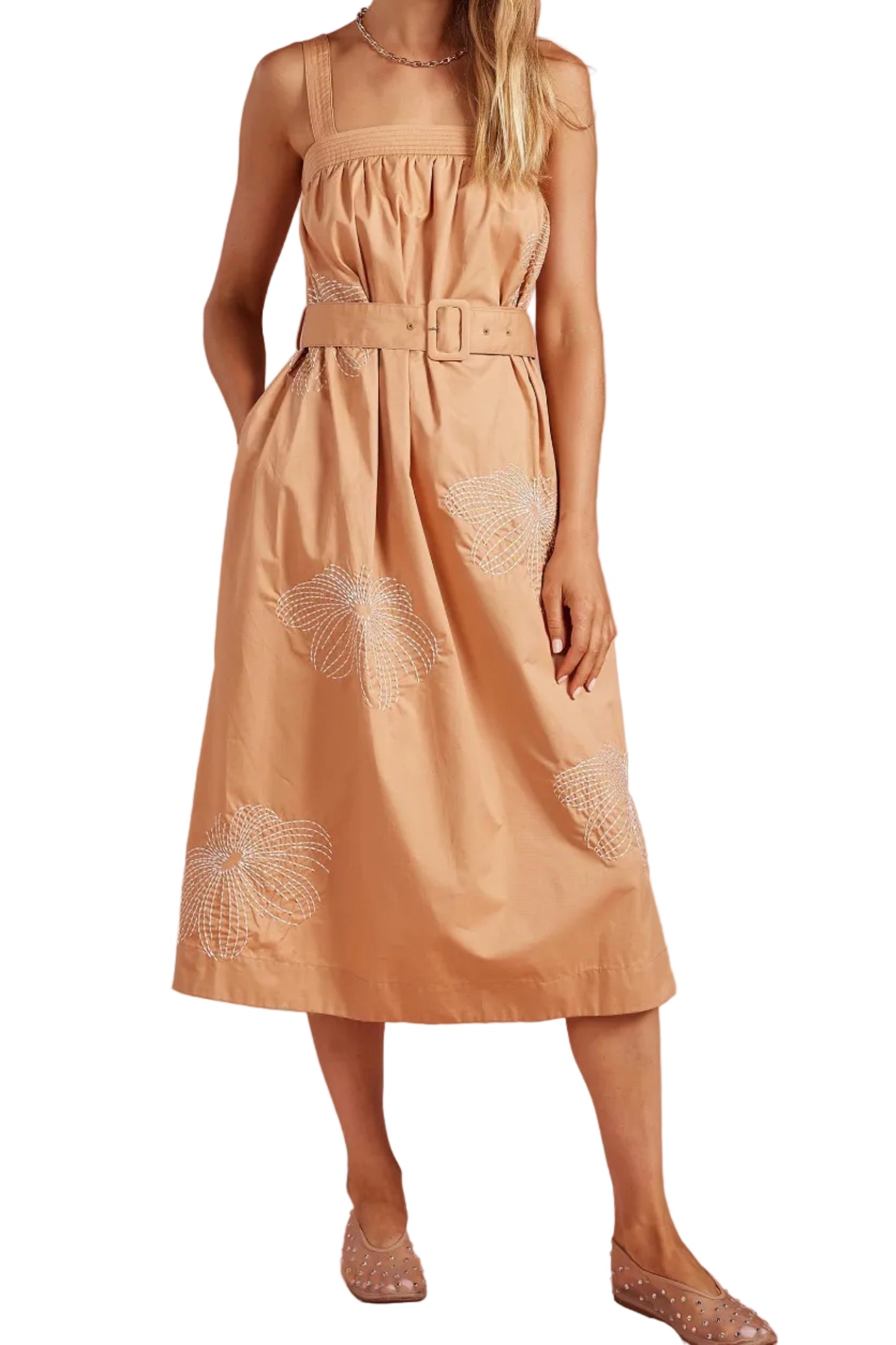 Dorinda Embroidered Sleeveless Belted Midi Dress