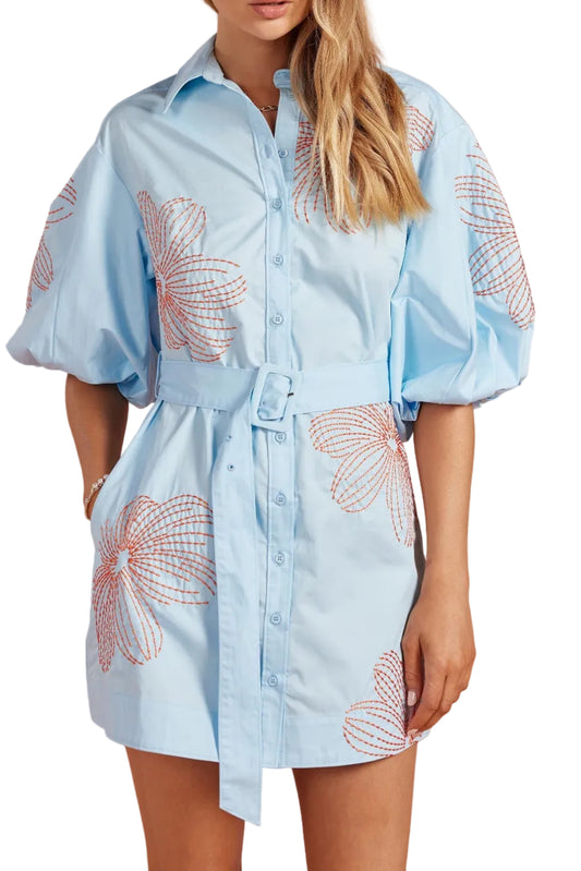 Daisy Embroidered Puff Sleeve Belted Mini Shirt Dress