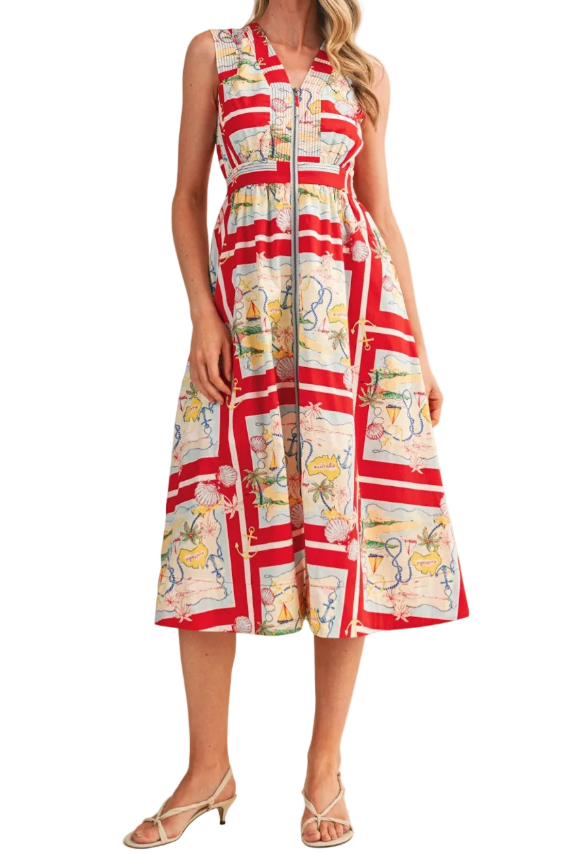 Sarah Print Front Zipper Midi Dress