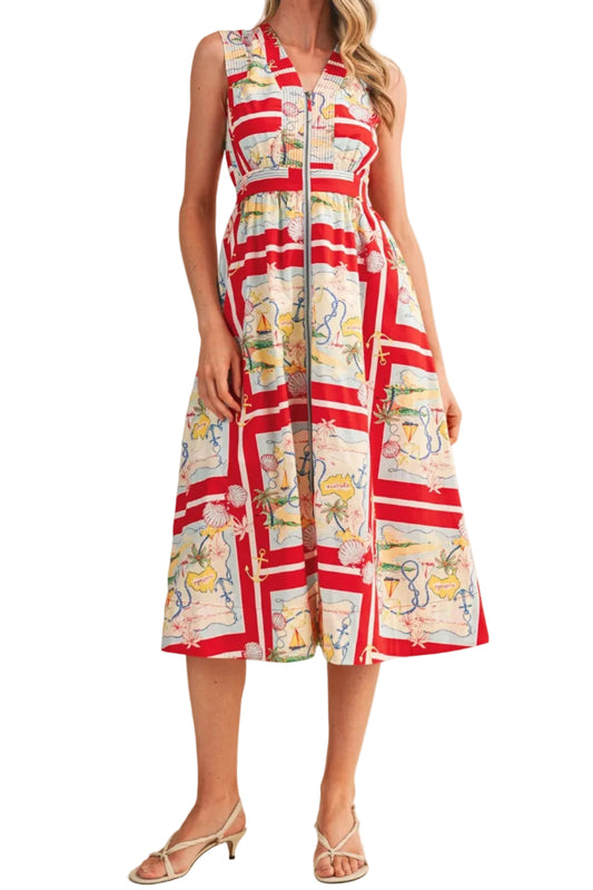 Sarah Print Front Zipper Midi Dress