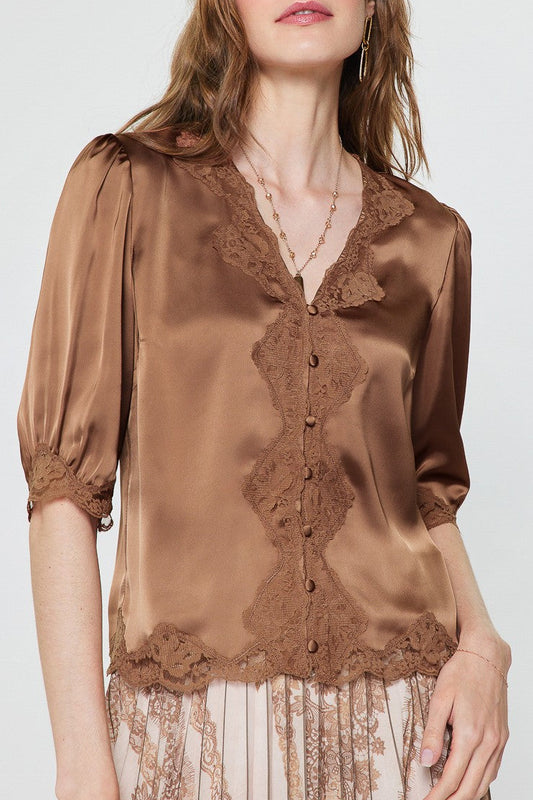 Briar Satin Lace Top In Mocha Mousse