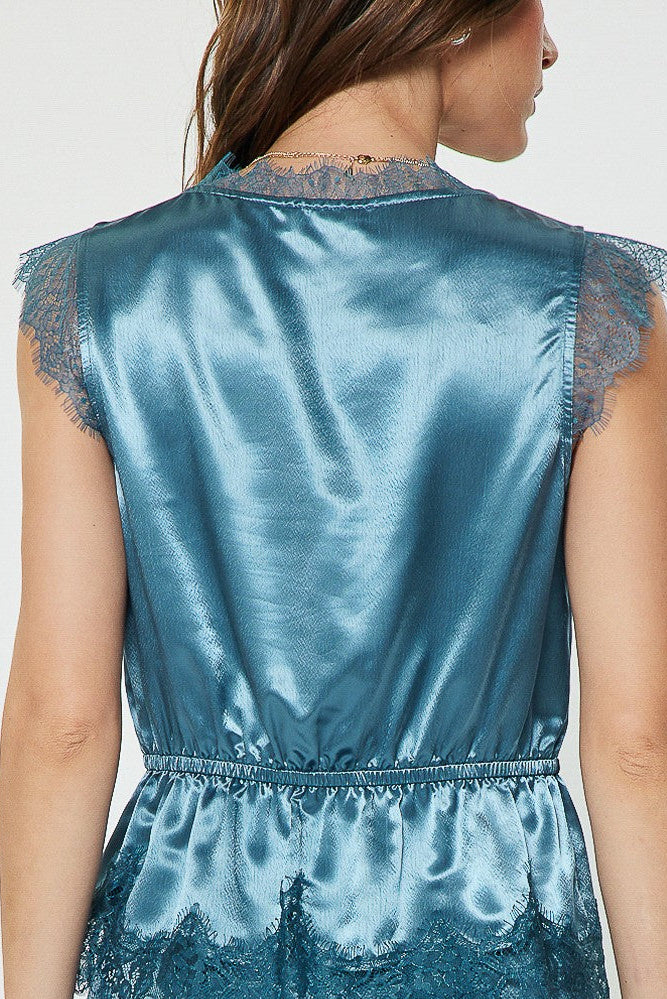 Sailor Lace Satin Top In Blue