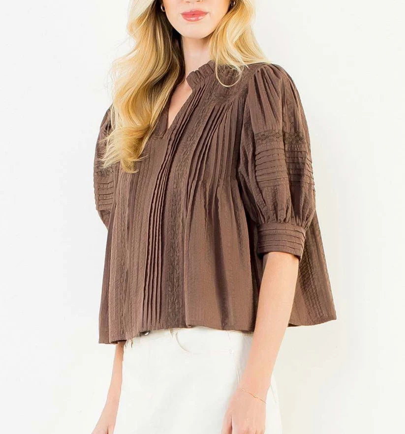 Eliza Puff Sleeve Peasant Top in Brown