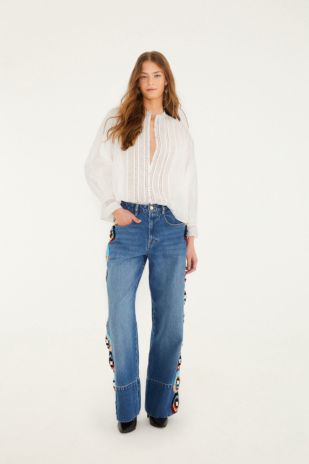 FARM Rio Long Sleeve Buttoned Lace Blouse