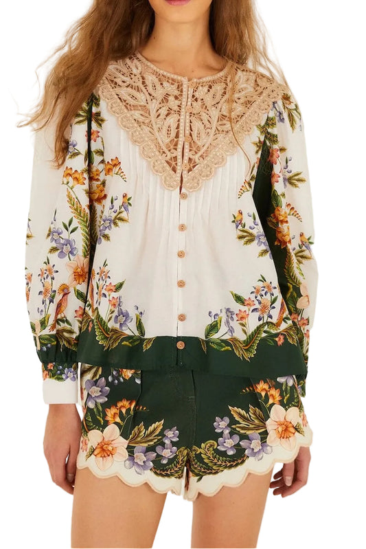 Farm Rio Sand Nature Lace Long Sleeve Top