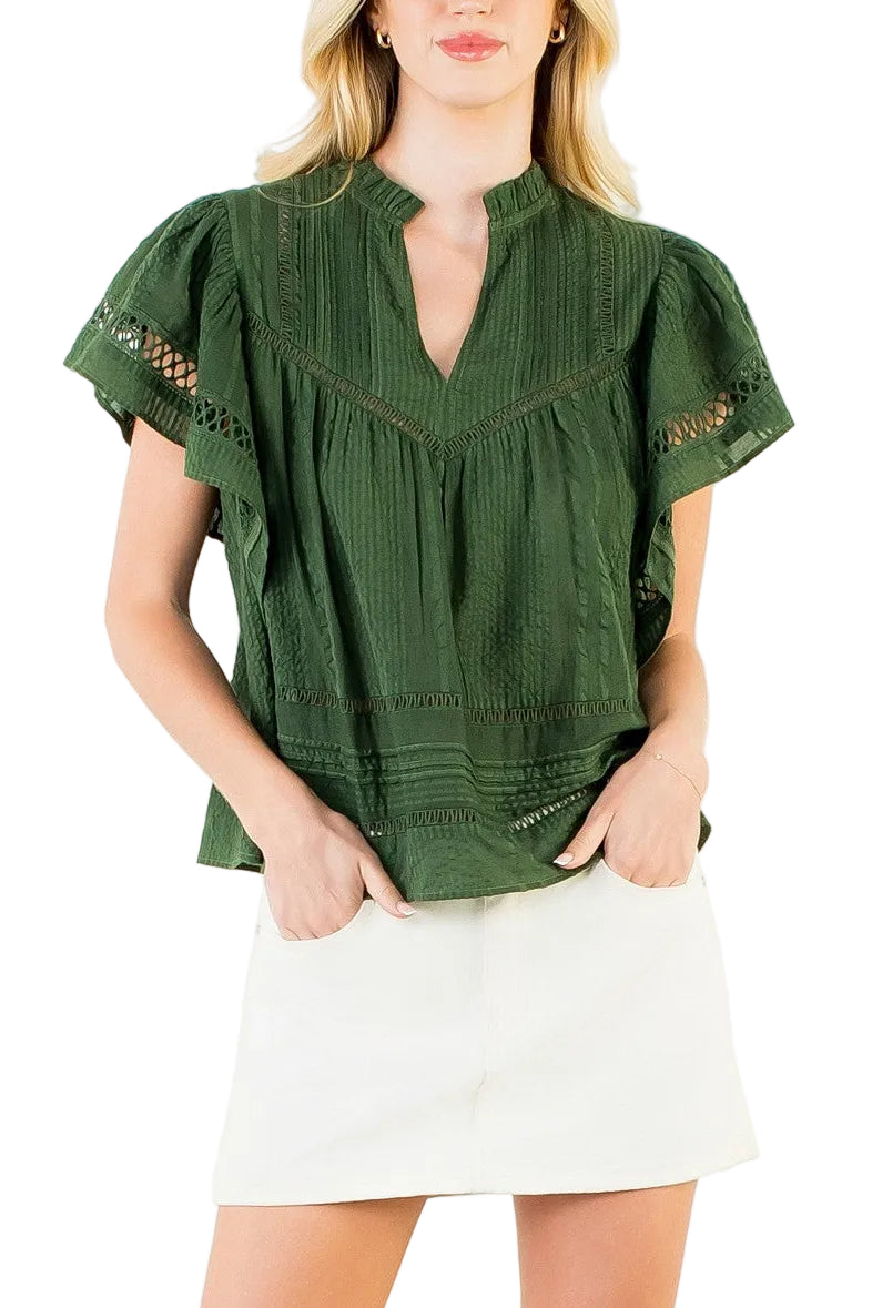Margo Fluttered VNeck Top in Olive