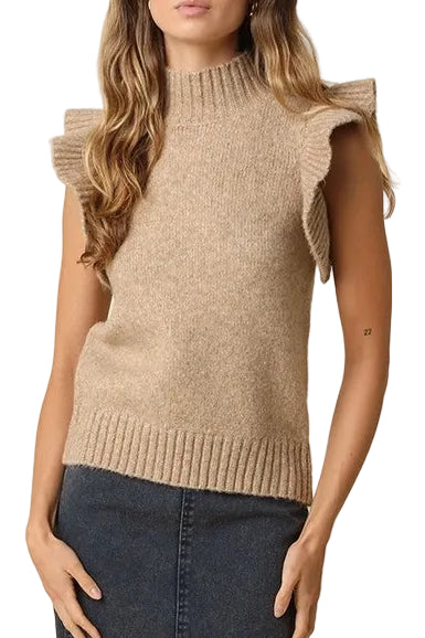Elizabeth Ruffle Short Sleeve Sweater In Mocha