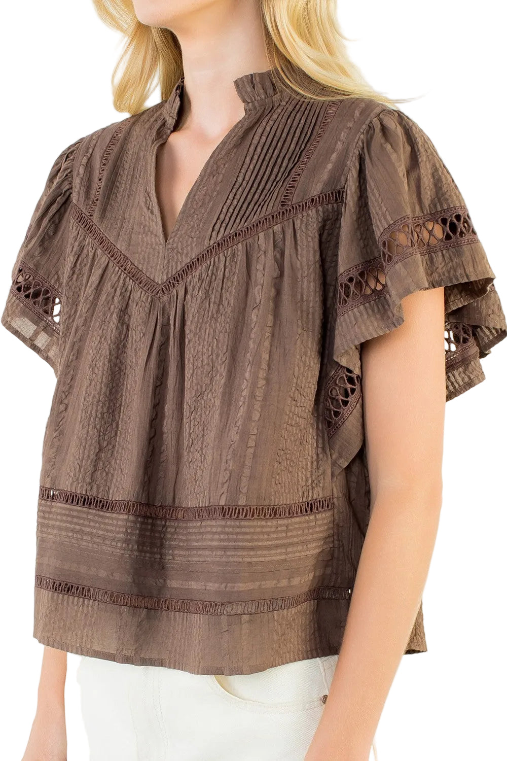 Margo Fluttered VNeck Top in Brown