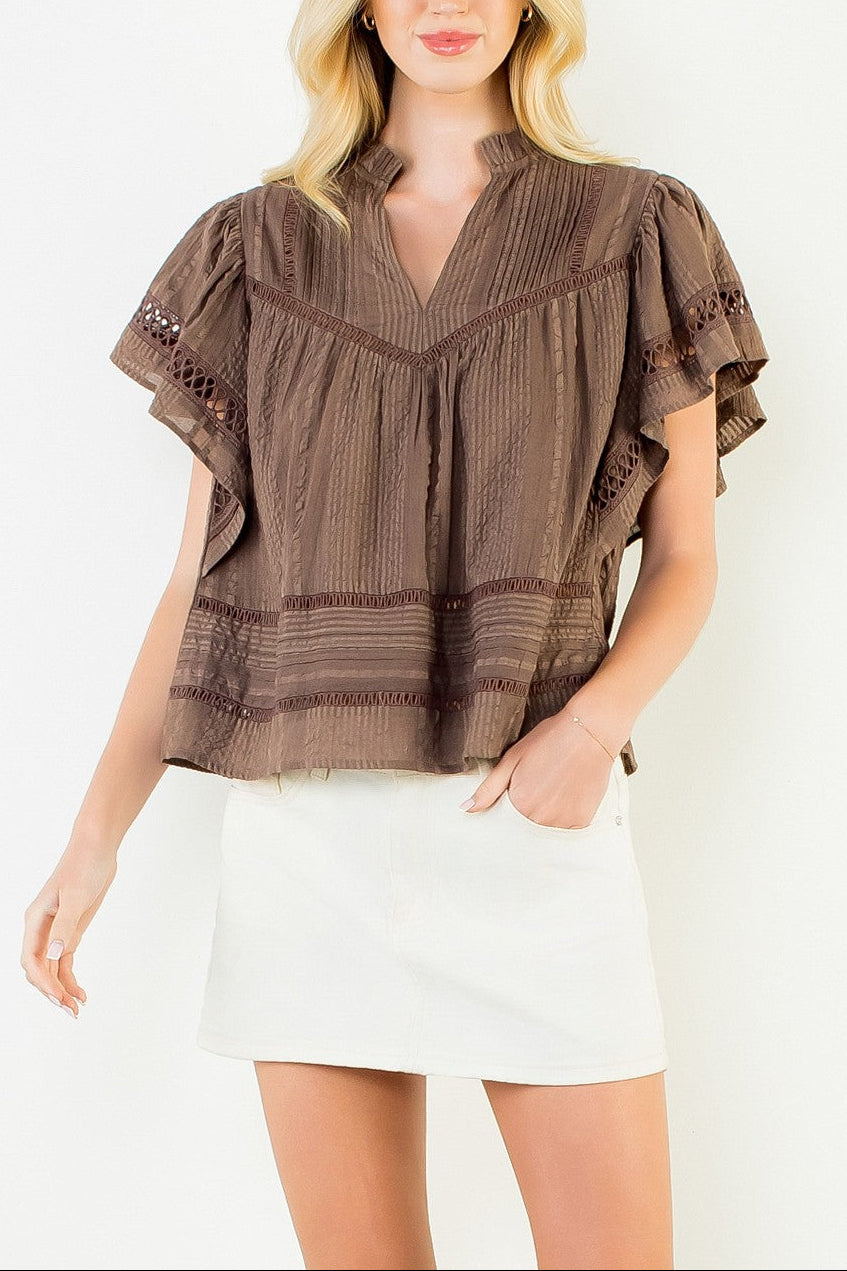 Margo Fluttered VNeck Top in Brown