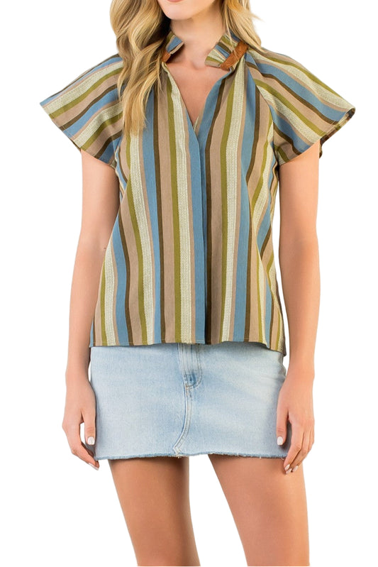 Ebbie Short Sleeve Striped V-Neck Top