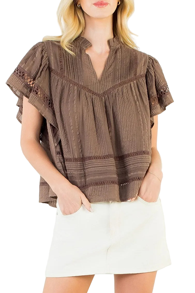 Margo Fluttered VNeck Top in Brown