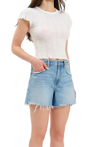 Daze Crossroads Mid Rise Denim Shorts in Pulse