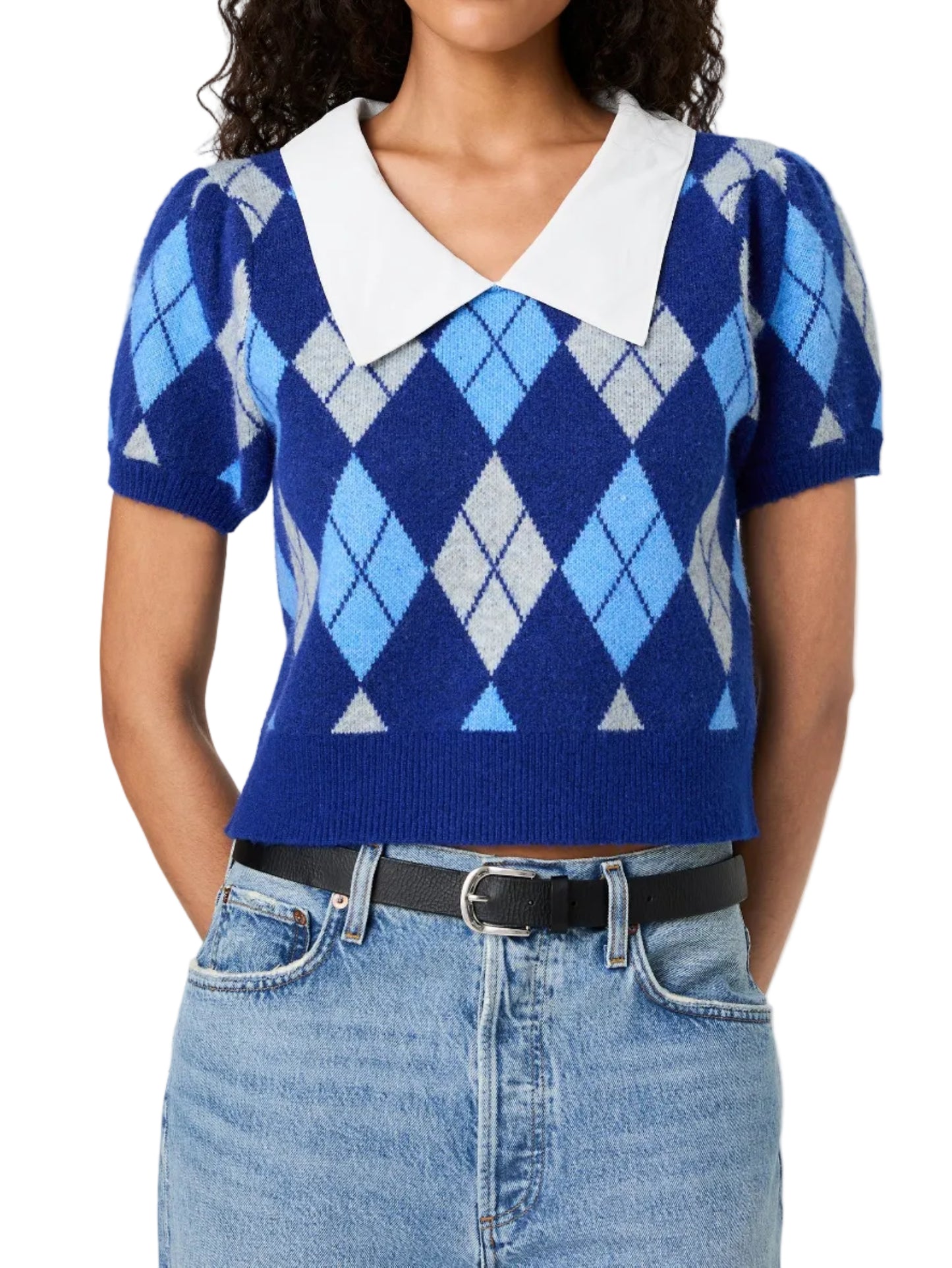 French Connection Koda Knit Collared Puff Sleeve Top