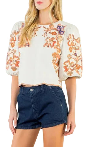 Mara Embroidered  Crop Top In Cream