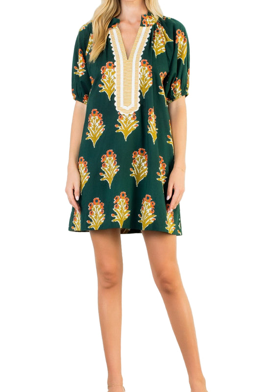 Isabella Floral Print V-Neck Striped Detail Mini Dress