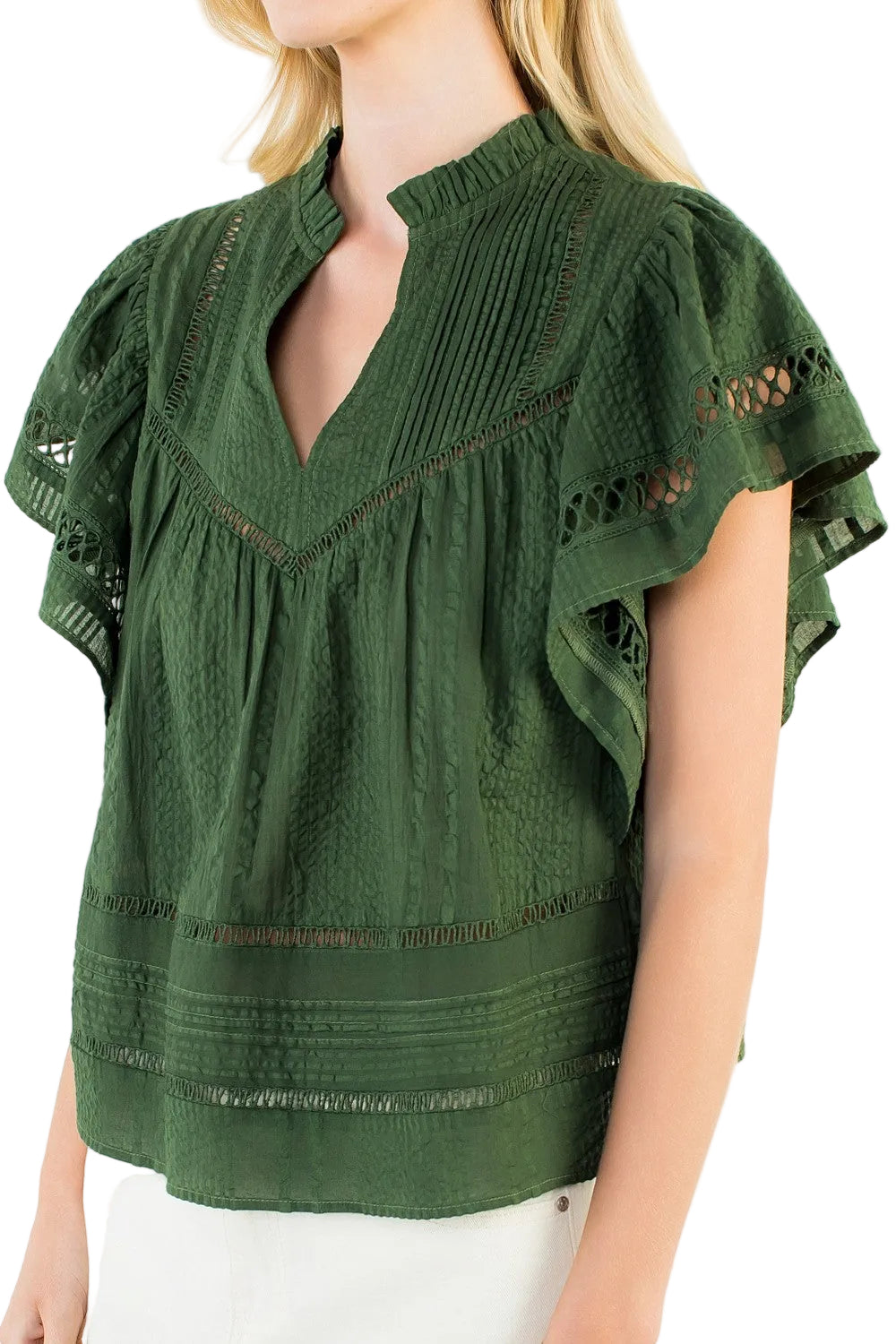 Margo Fluttered VNeck Top in Olive