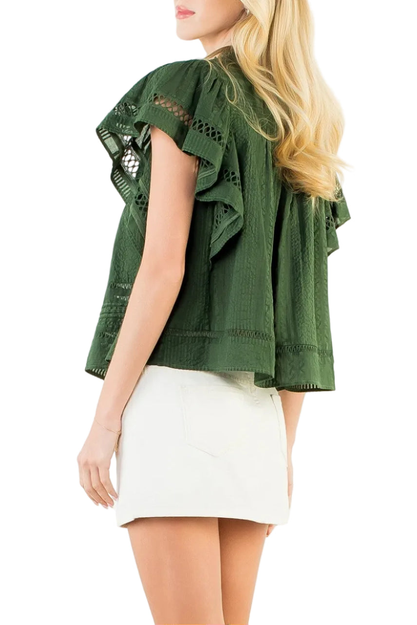 Margo Fluttered VNeck Top in Olive