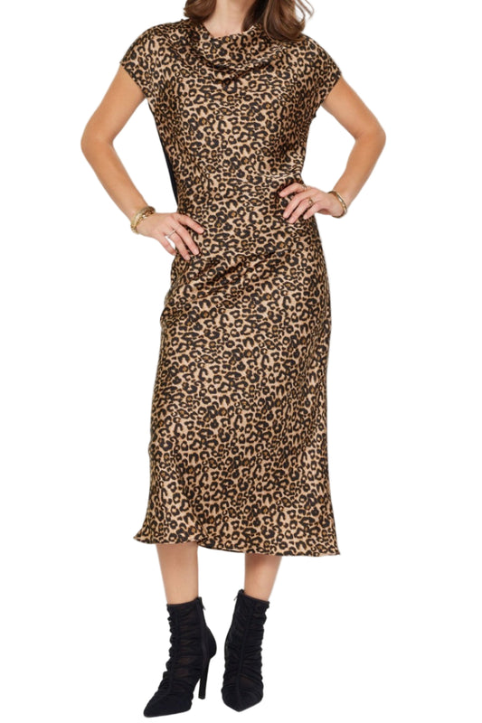 Cece Cowl Neck Woven Knit Combo Top and Silk Midi Skirt Set in Leopard