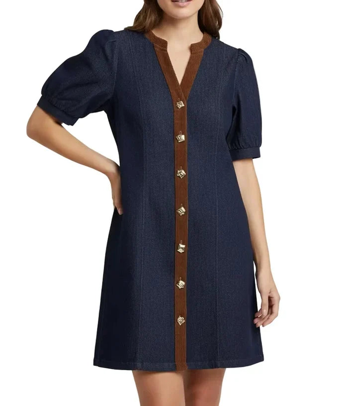 Jade Corduroy and Denim Button Mini Dress