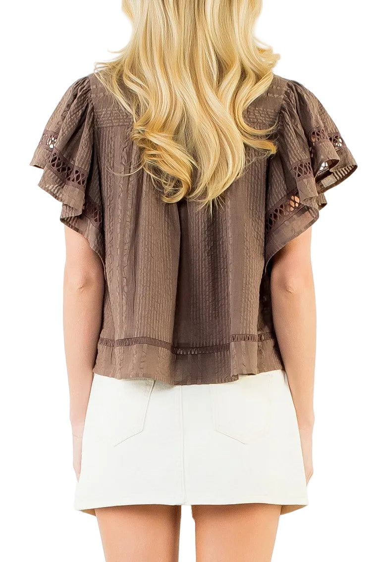 Margo Fluttered VNeck Top in Brown