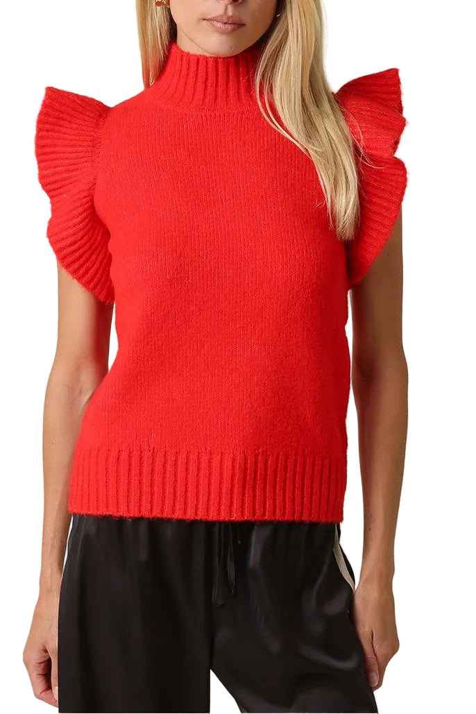 Elizabeth Ruffle Short Sleeve Sweater In Red